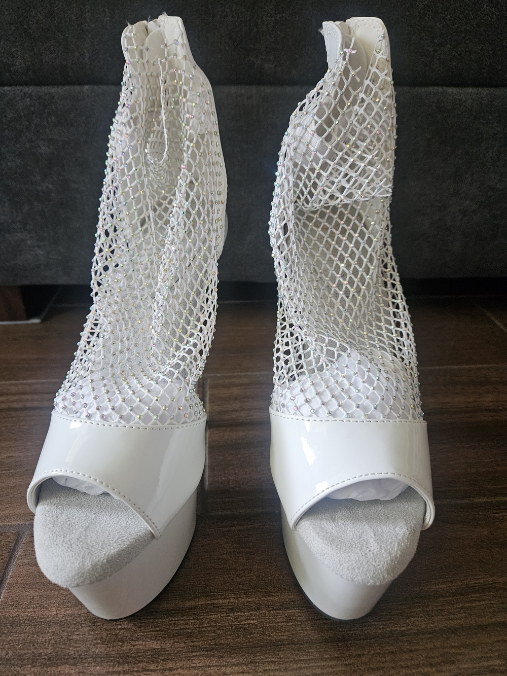 White Mesh Crystal Peep-Toe Platform Heels